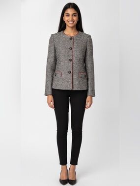 Helene Berman London Tweed Silver Metallic Shimmer Button Up Jacket Blazer